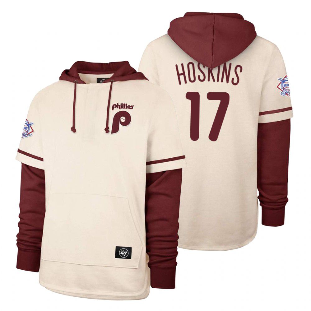 Men Philadelphia Phillies #17 Hoskins Cream 2021 Pullover Hoodie MLB Jersey